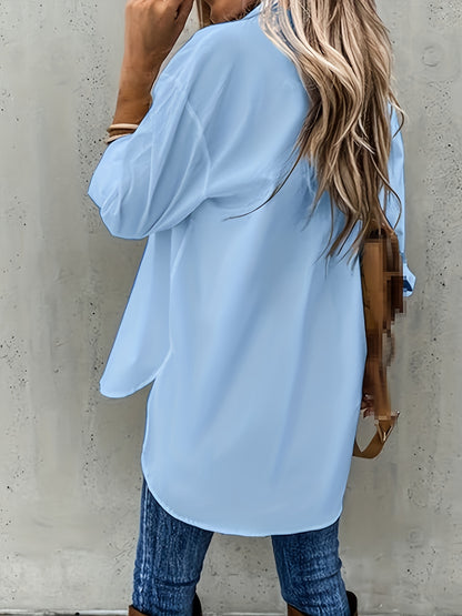 Effortless Button Front Blouse for Women with Collar Long Sleeve Chest Pocket Relaxed Style