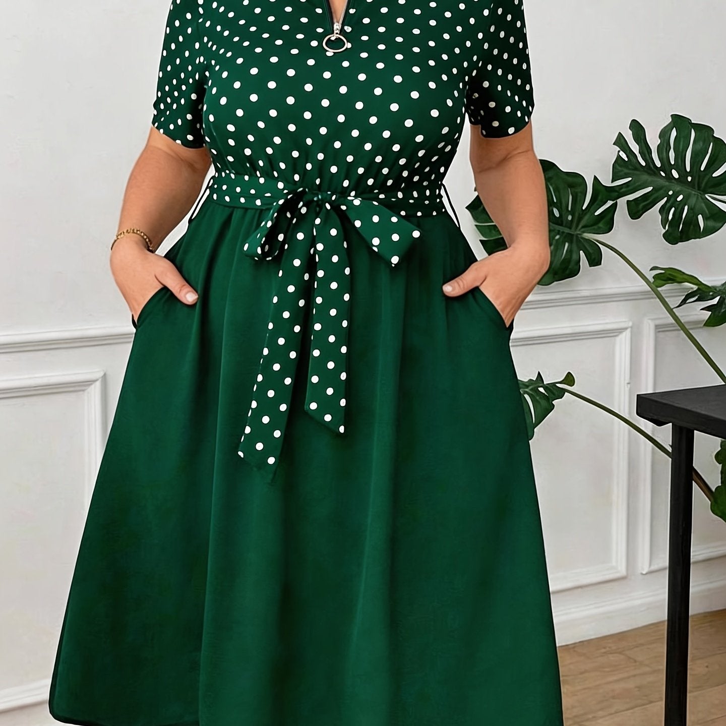 Elegant Polka Dot Midi Dress for Women with Notch Neck Short Sleeve Tie Waist Belted Style