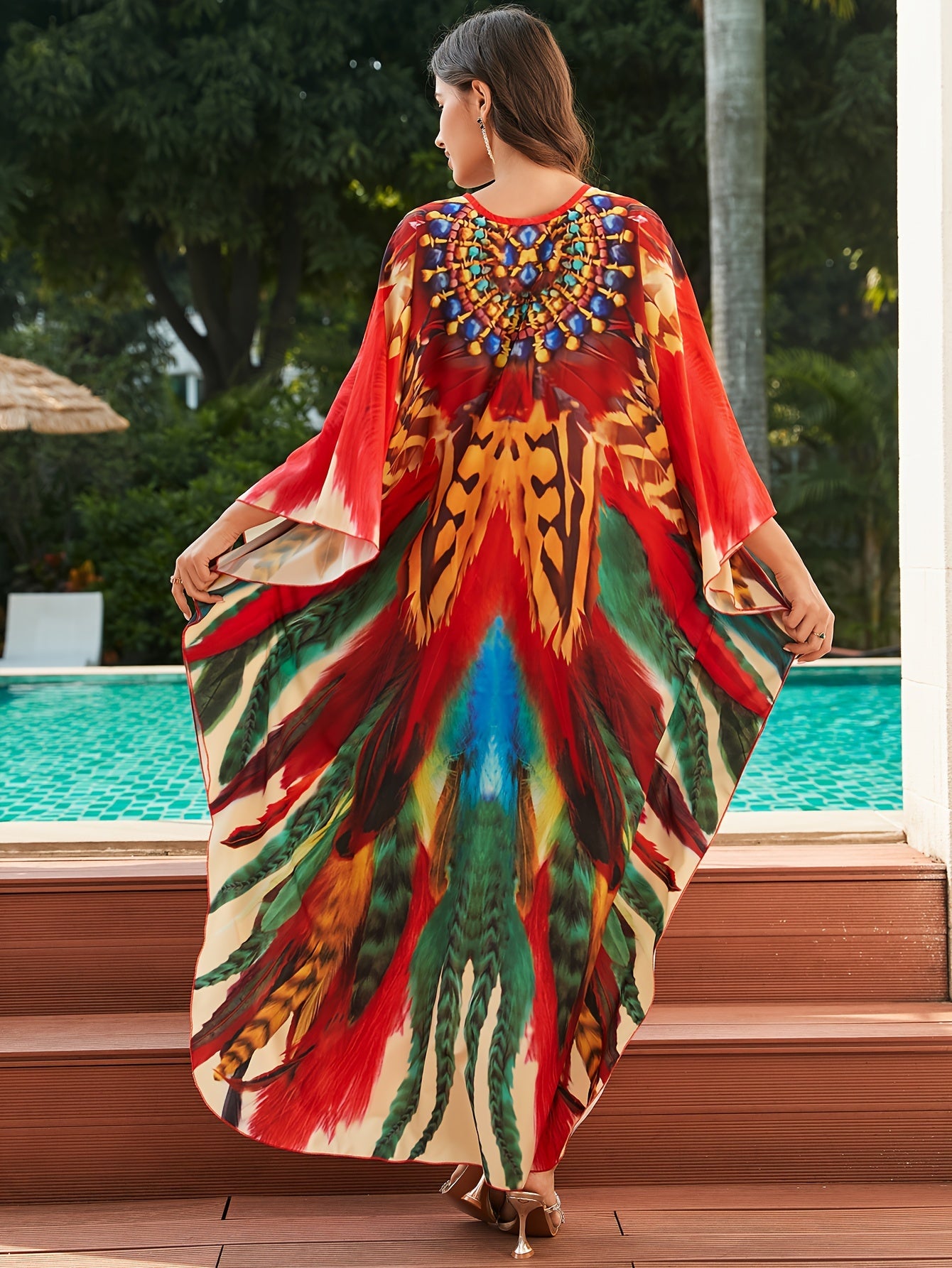 Elegant Multicolor Feather Print Kaftan Maxi Dress for Women with V Neck Batwing Sleeve Embellished Flowing Style