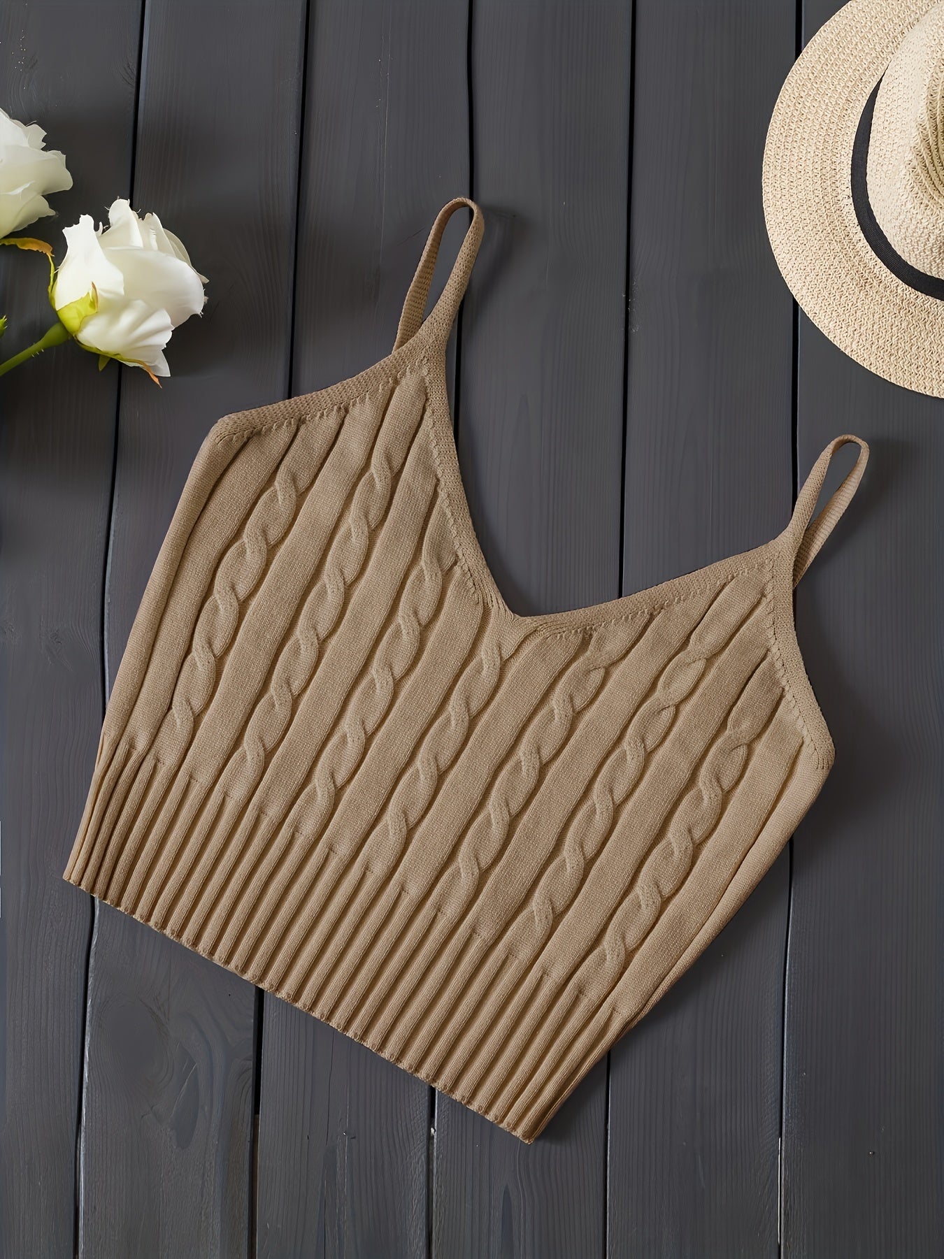 Effortless Cable Knit Crop Top for Women with V Neck Sleeveless Ribbed Fitted Tank Style