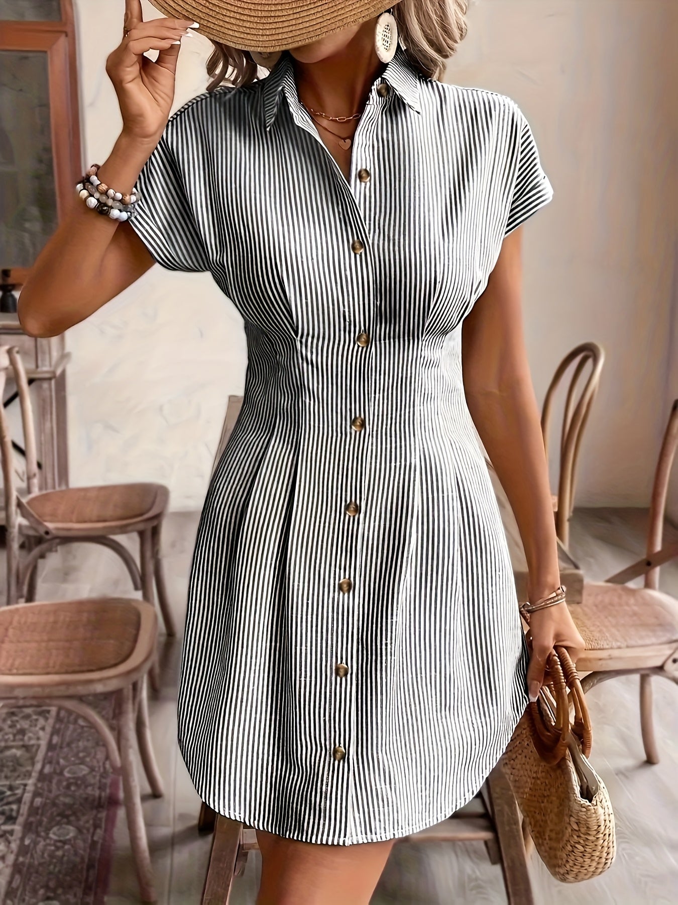 Elegant Striped Short-Sleeve A-Line Shirt Dress for Women, High-Waist Button-Up Casual Summer Office Dress in Light Pastel, Comfortable Polyester Fabric, French-Style, Solid Color, Women's Shirt Dress, Casual Shirt Dress, High-Waist, Office Dress