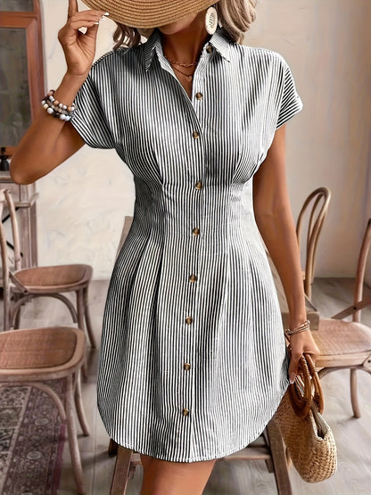 Elegant Striped Short-Sleeve A-Line Shirt Dress for Women, High-Waist Button-Up Casual Summer Office Dress in Light Pastel, Comfortable Polyester Fabric, French-Style, Solid Color, Women's Shirt Dress, Casual Shirt Dress, High-Waist, Office Dress