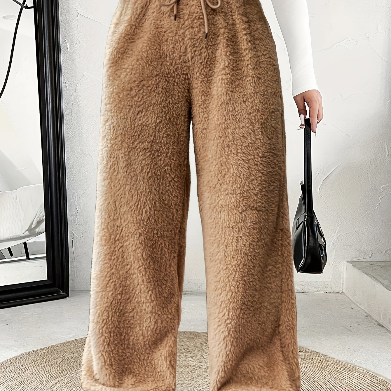 Comfortable Sherpa Wide Leg Pants for Women with High Waist Drawstring Relaxed Flowing Casual Style