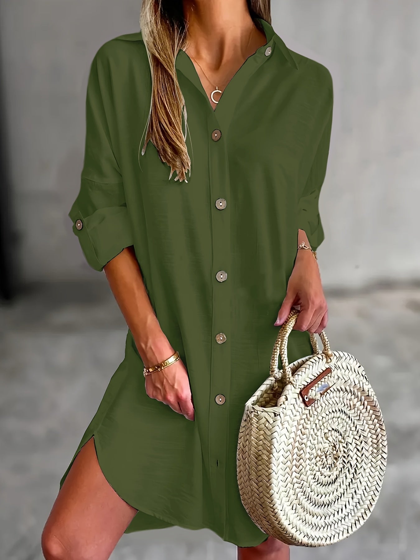 Effortless Button Front Shirt Dress for Women with Collar Long Sleeve Relaxed Casual Style