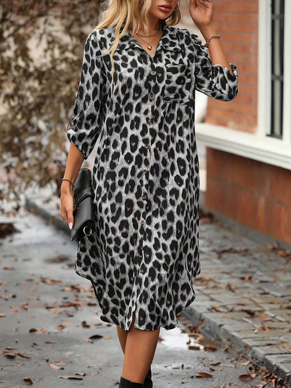 Elegant Leopard Print Midi Dress for Women with Collar Three Quarter Sleeve Button Front Side Slit Style