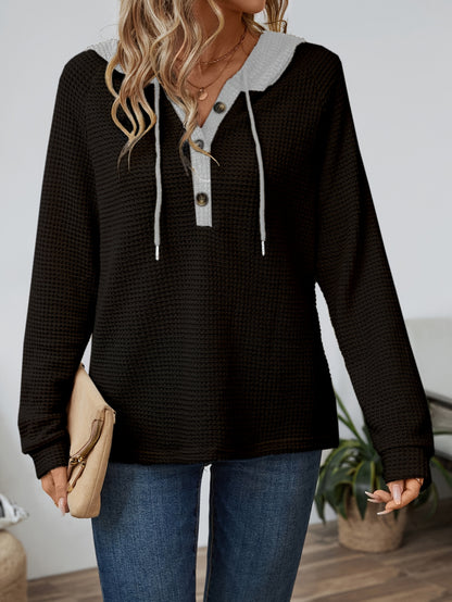 Comfortable Waffle Knit Henley Top for Women with Hooded Drawstring Long Sleeve Oversized Knit Style
