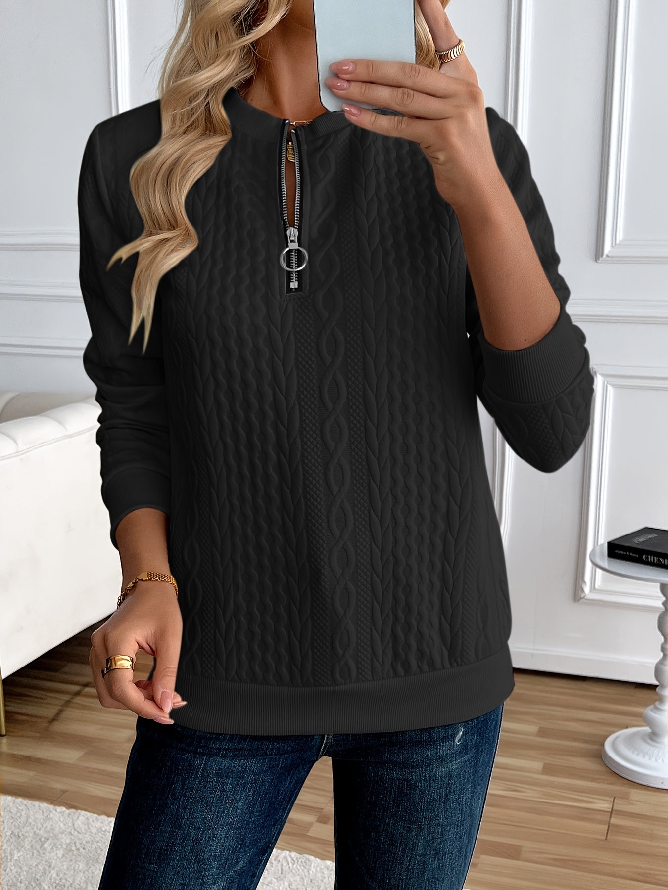 Casual Pullover Half-zip Long-sleeved Solid-color Fashionable Hoodie with Texture Upper Garment