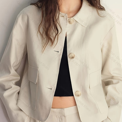 Elegant Apricot Wide Leg Set for Women with Collar Long Sleeve Button Front Cropped Jacket Two Piece Style