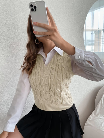 Effortless Cable Knit Sweater Vest for Women with V Neck Sleeveless Cropped Preppy Style