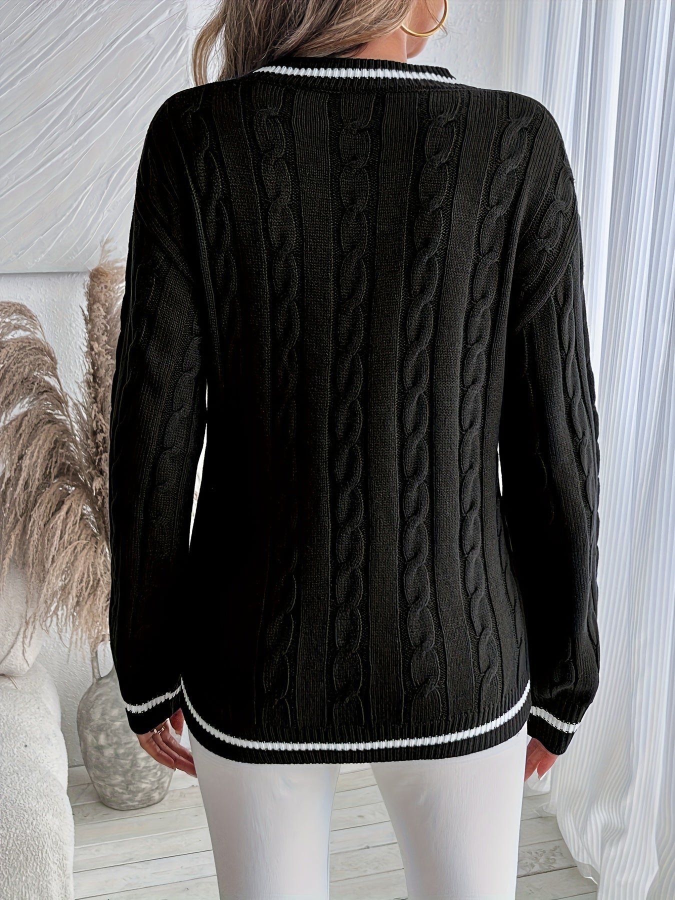 Comfortable Cable Knit Sweater for Women with V Neck Long Sleeve Contrast Stripe Relaxed Varsity Style