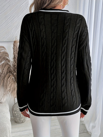 Comfortable Cable Knit Sweater for Women with V Neck Long Sleeve Contrast Stripe Relaxed Varsity Style