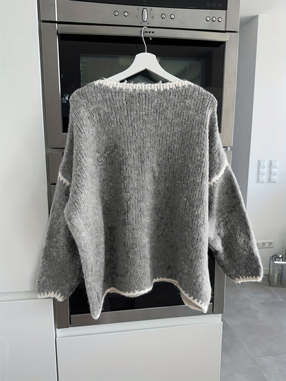 Solid Boat Neck Pullover Sweater, Women'S Casual Long Sleeve Loose Contrast Sweater