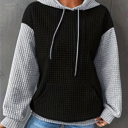 Women's Casual Waffle- Color-Block Hooded Sweatshirt - Relaxed Fit Long Sleeve Pullover with Drawstring Hood, Machine Washable Autumn Winter Fashion Top, Cute Sweatshirts, Autumn Apparel, Soft Fabric, Everyday Outfit, Waffle Design, Breathable Material, C