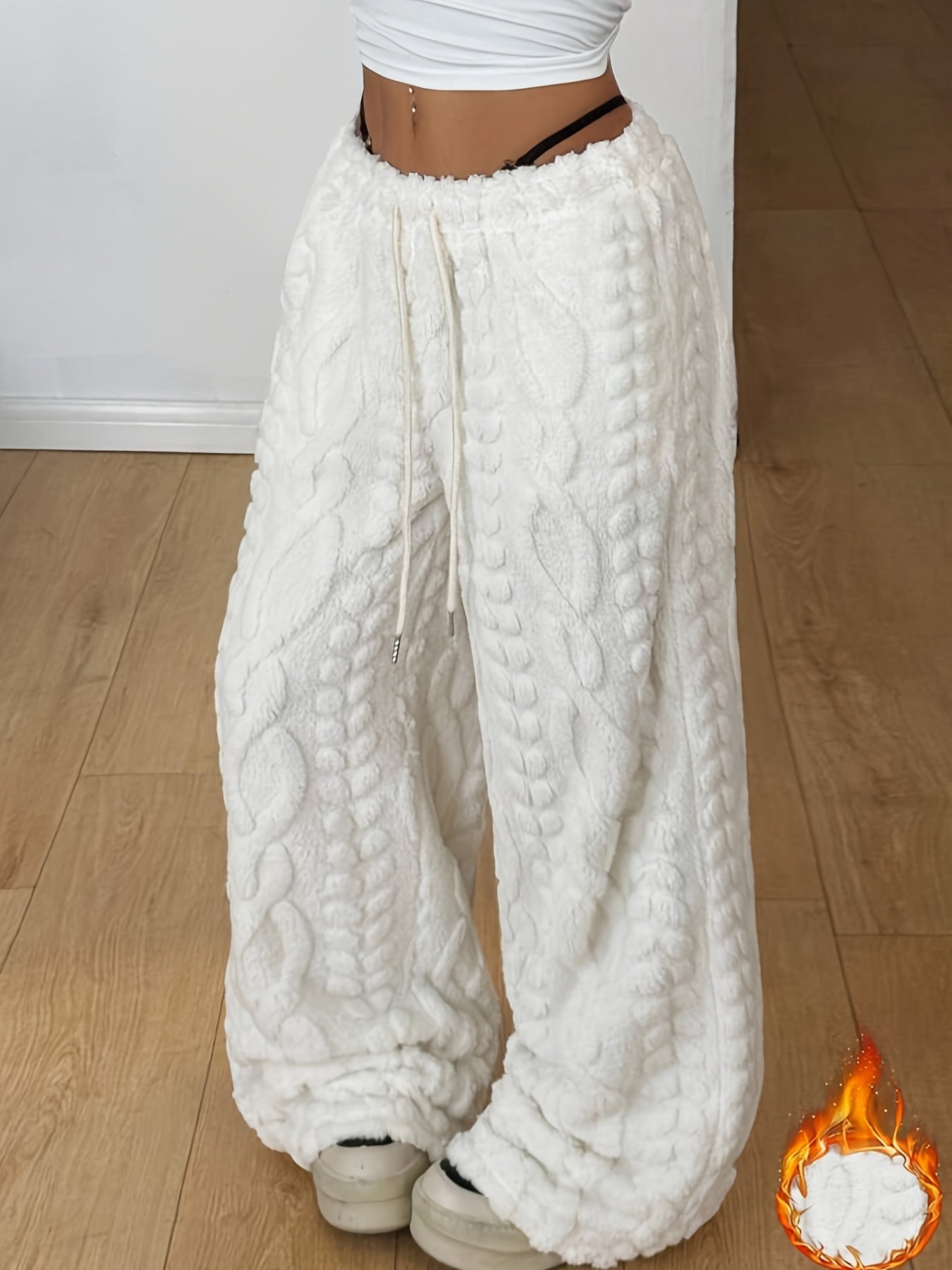 Effortless White Cable Knit Fleece Wide Leg Pants for Women with High Waist Drawstring Relaxed Oversized Knit Style