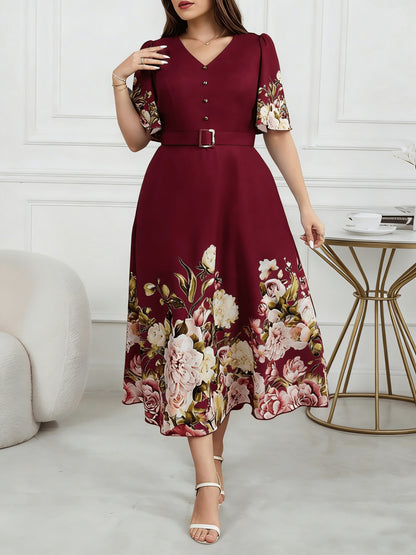 Effortless Floral Midi Dress for Women with V Neck Flutter Sleeve Belted A Line Style