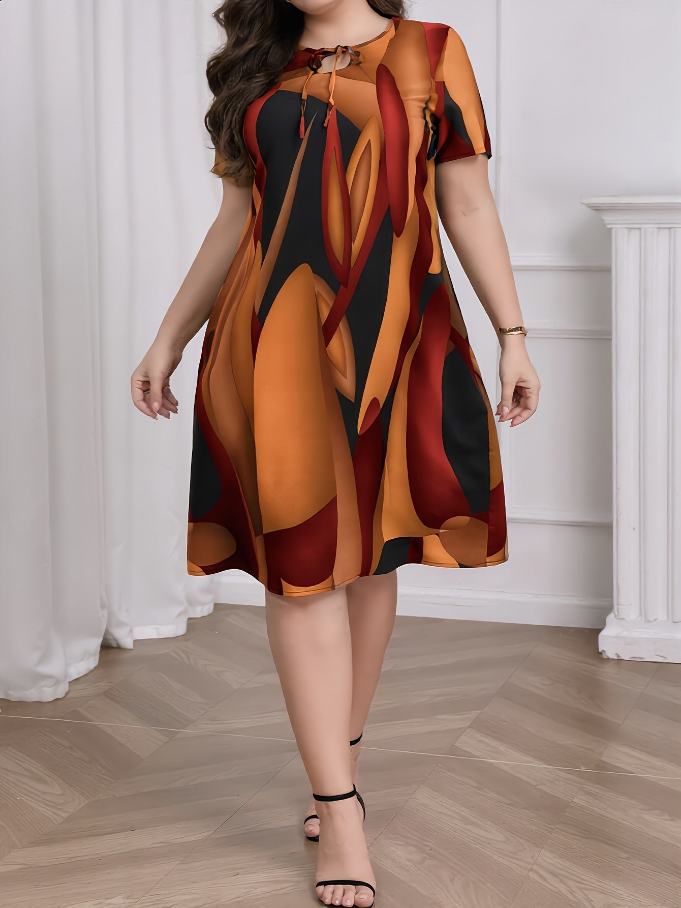 Effortless Geometric Print Shift Dress for Women with Round Neck Short Sleeve Tie Front Relaxed Casual Style