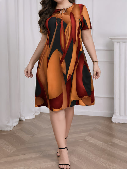 Effortless Geometric Print Shift Dress for Women with Round Neck Short Sleeve Tie Front Relaxed Casual Style