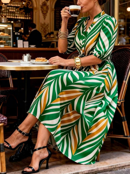 Effortless Chevron Print Maxi Dress for Women with V Neck Elbow Sleeve Wrap Tie Waist Flowing Style