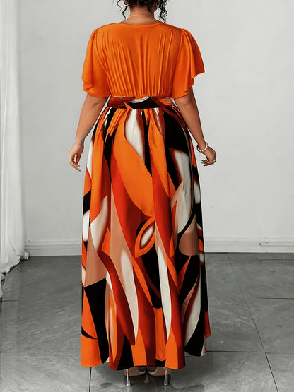 Elegant Orange Geometric Print Maxi Dress for Women with V Neck Flutter Sleeve Wrap Tie Waist Flowing Style