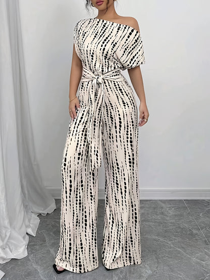 Elegant Apricot Abstract Print Jumpsuit for Women with One Shoulder Short Sleeve Wide Leg Tie Waist Style