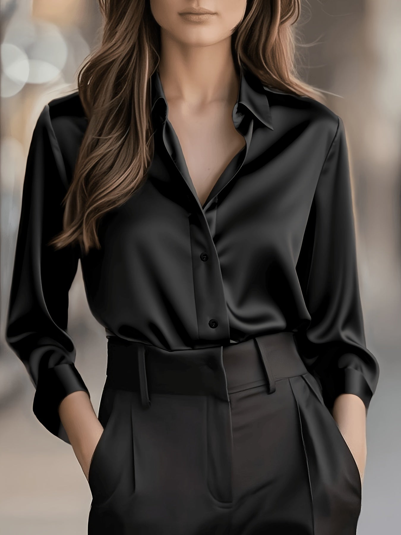 Elegant Satin Blouse for Women with Notched Collar Long Sleeve Button Front Silky Style