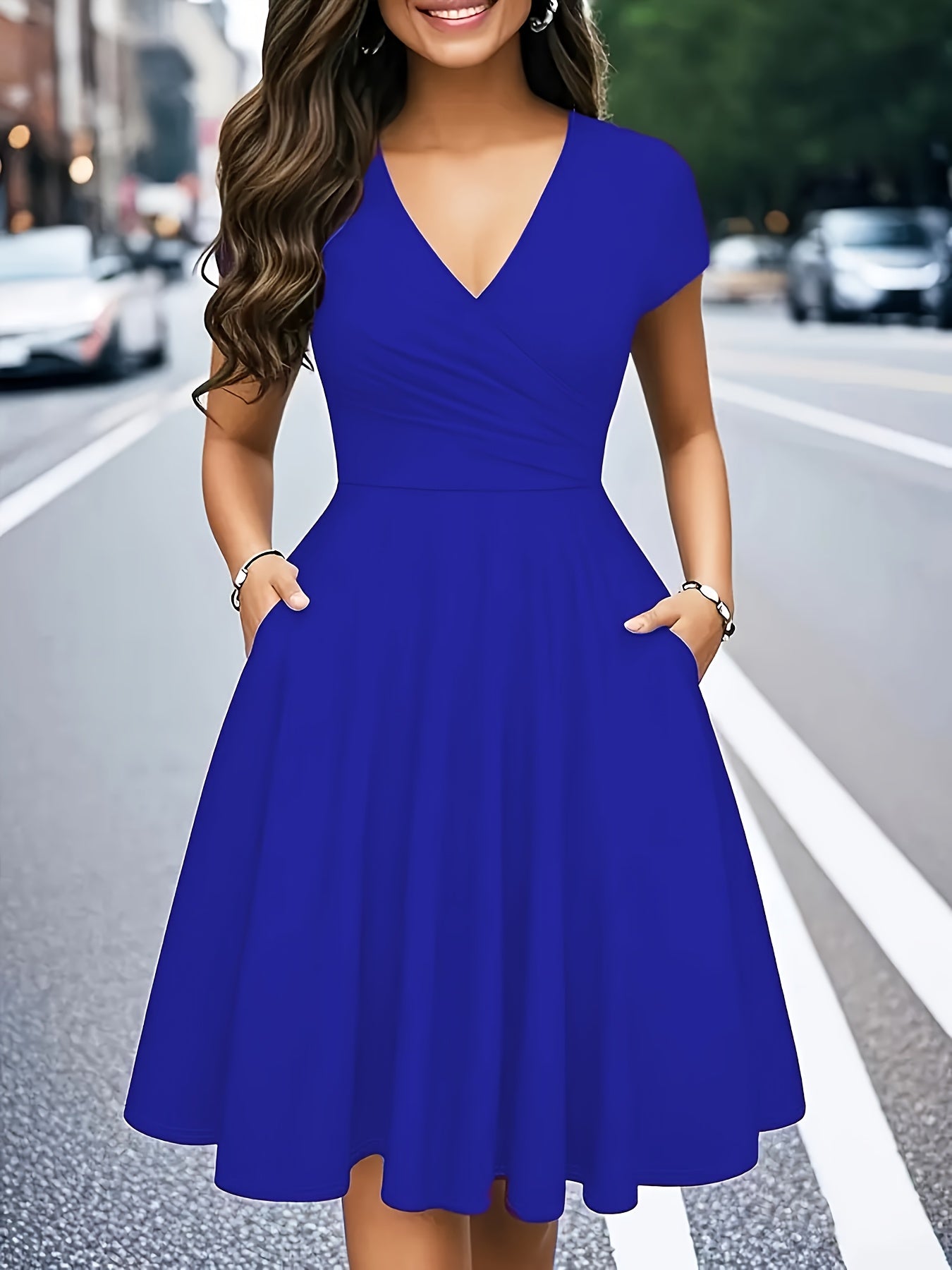 Elegant Wrap Midi Dress for Women with V Neck Cap Sleeve Fit and Flare Cocktail Style