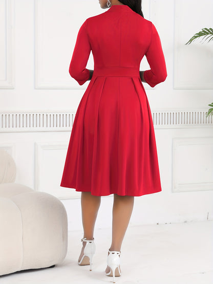 Elegant Knit Midi Dress for Women with Tie Neck Elbow Sleeve Pleated Fit and Flare Style