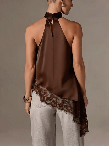 Irregular Patchwork Lace Neckline Halter Top, Women's Elegant Vest