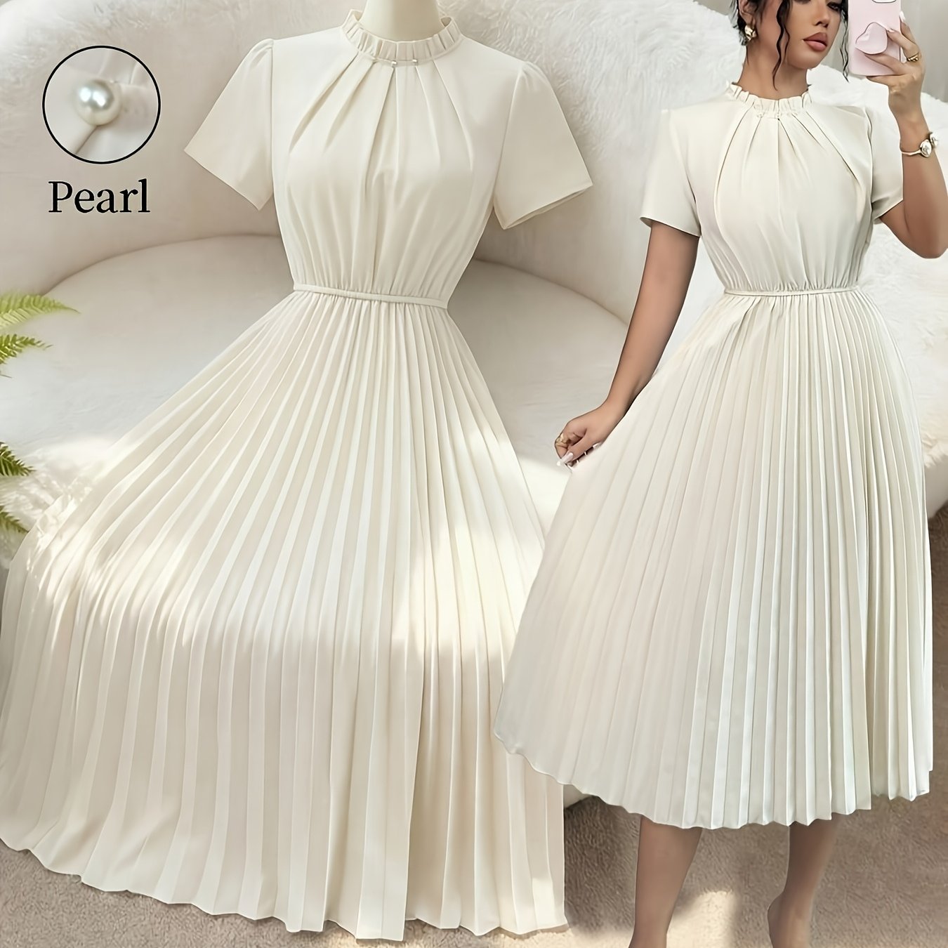 Elegant Apricot Pleated Midi Dress for Women with Ruffle Mock Neck Short Sleeve Pearl Detail Flowing Style