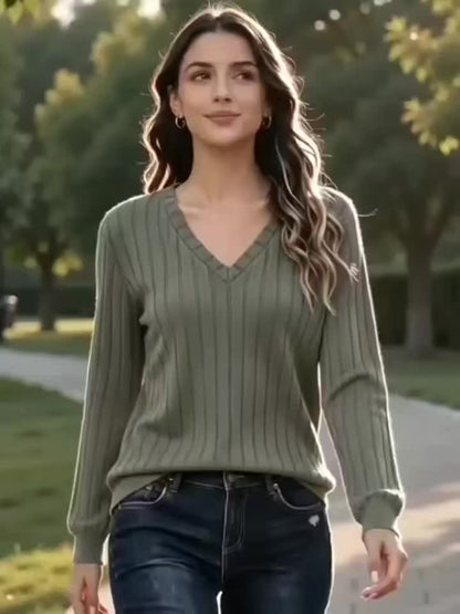 Comfortable Ribbed Knit Sweater for Women with V Neck Long Sleeve Relaxed Casual Style