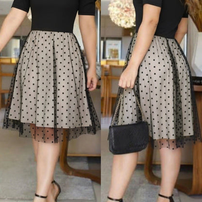Elegant Black Polka Dot Midi Dress for Women with Round Neck Short Sleeve Mesh Overlay Cocktail Style