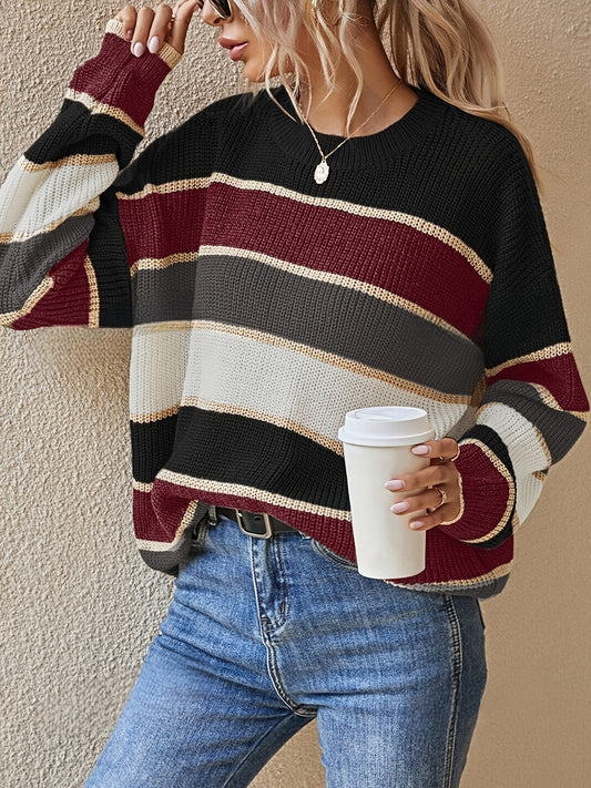 Comfortable Striped Colorblock Sweater for Women with Crew Neck Long Sleeve Oversized Knit Style