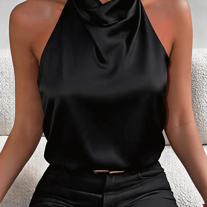 Elegant Satin Halter Top for Women with Cowl Neck Sleeveless Draped Silky Style
