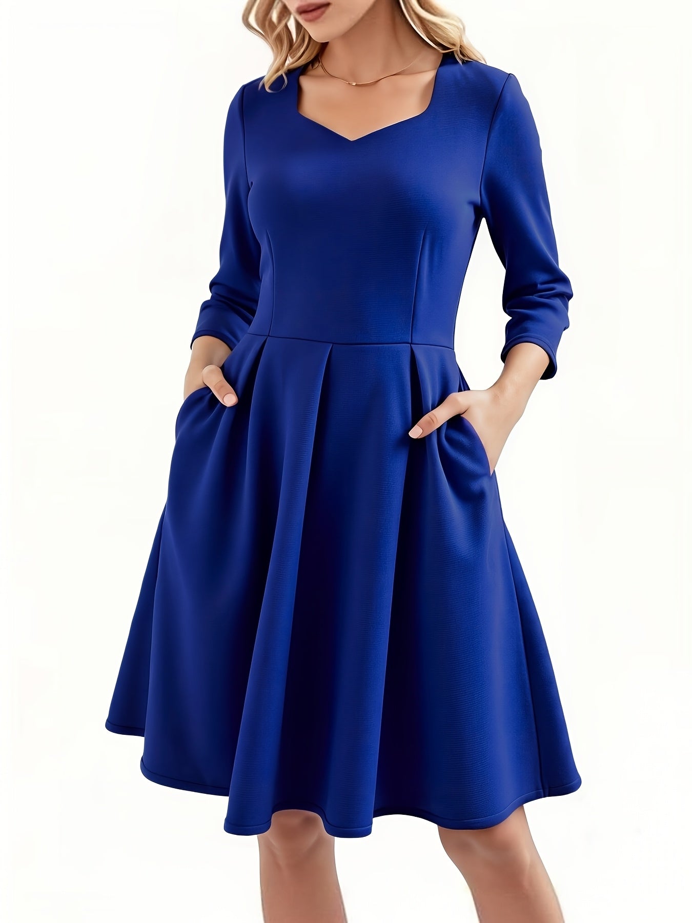 Elegant Royal Blue Midi Dress for Women with Sweetheart Neck Elbow Sleeve Pleated Fit and Flare Style