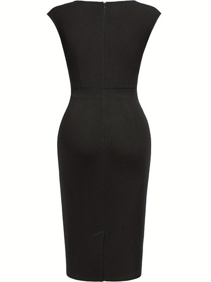 Elegant Ruched Midi Dress for Women with Sweetheart Neckline Cap Sleeve Bodycon Formal Style
