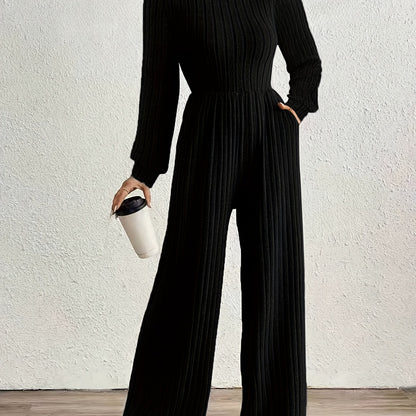 Effortless Ribbed Knit Jumpsuit for Women with Mock Neck Long Sleeve Wide Leg Relaxed Style