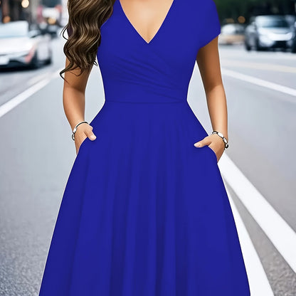 Elegant Wrap Midi Dress for Women with V Neck Cap Sleeve Fit and Flare Cocktail Style