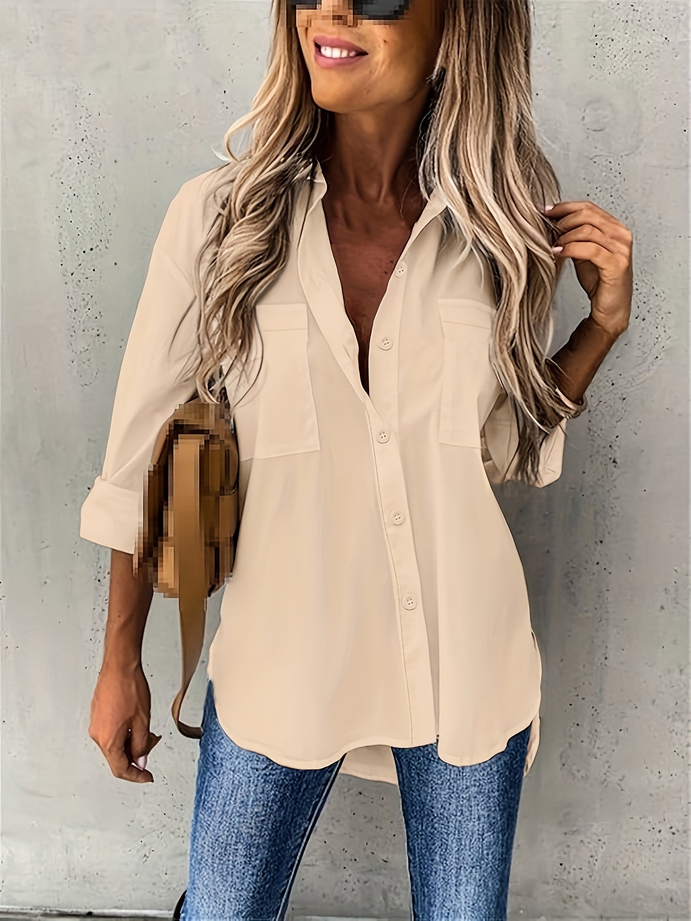 Effortless Button Front Blouse for Women with Collar Long Sleeve Chest Pocket Relaxed Style
