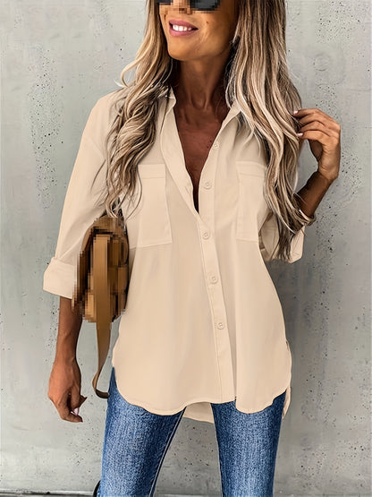 Effortless Button Front Blouse for Women with Collar Long Sleeve Chest Pocket Relaxed Style