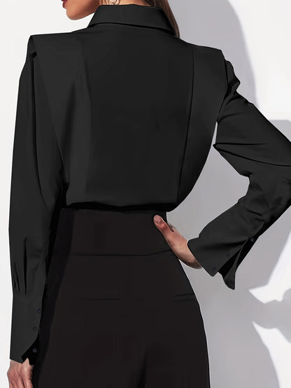 Elegant Blouse for Women with Collar Long Sleeve Structured Shoulder Button Front Tailored Style