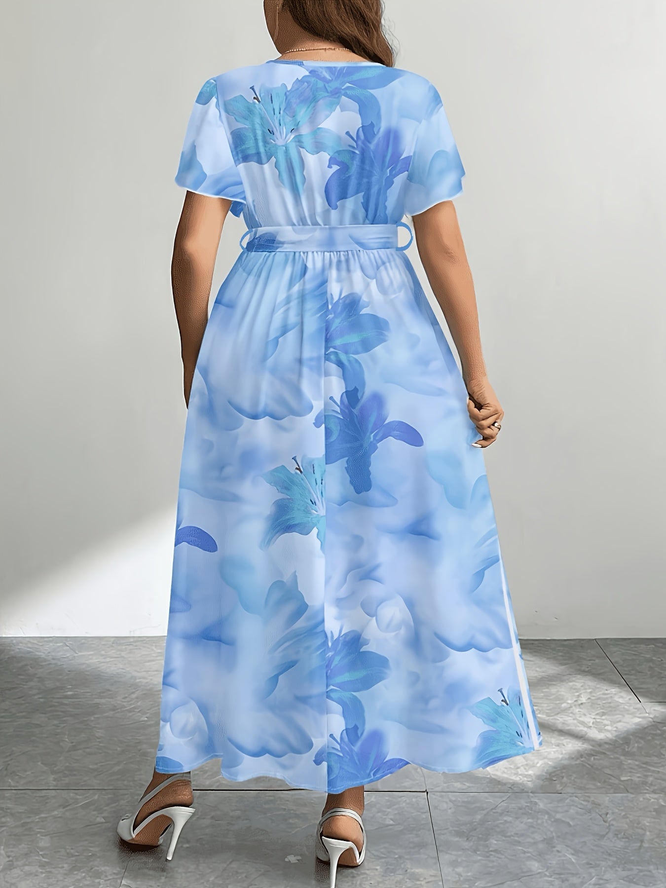 Effortless Multicolor Floral Maxi Dress for Women with V Neck Flutter Sleeve Wrap Belted Flowing Bohemian Style