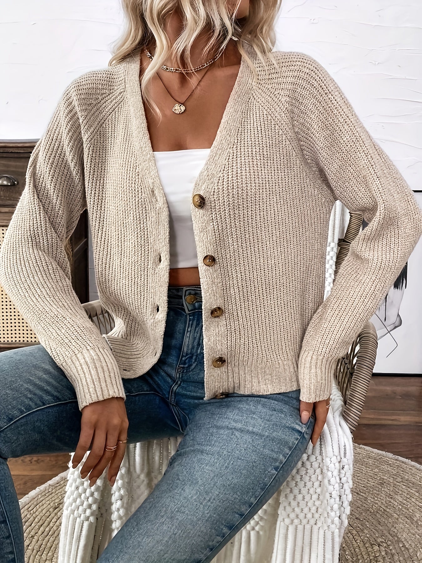 Comfortable Ribbed Knit Cardigan for Women with V Neck Long Sleeve Button Front Relaxed Oversized Style