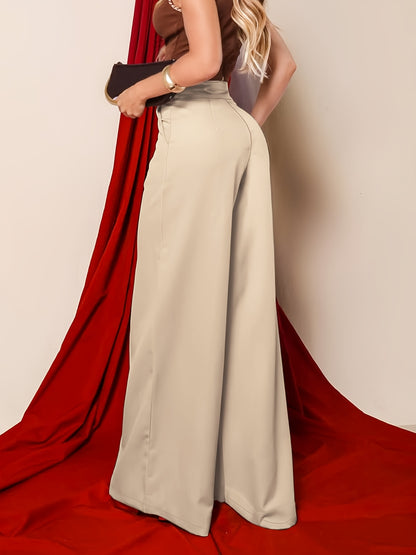 Elegant Khaki Wide Leg Trouser for Women with High Waist Button Detail Tailored Flowing Style