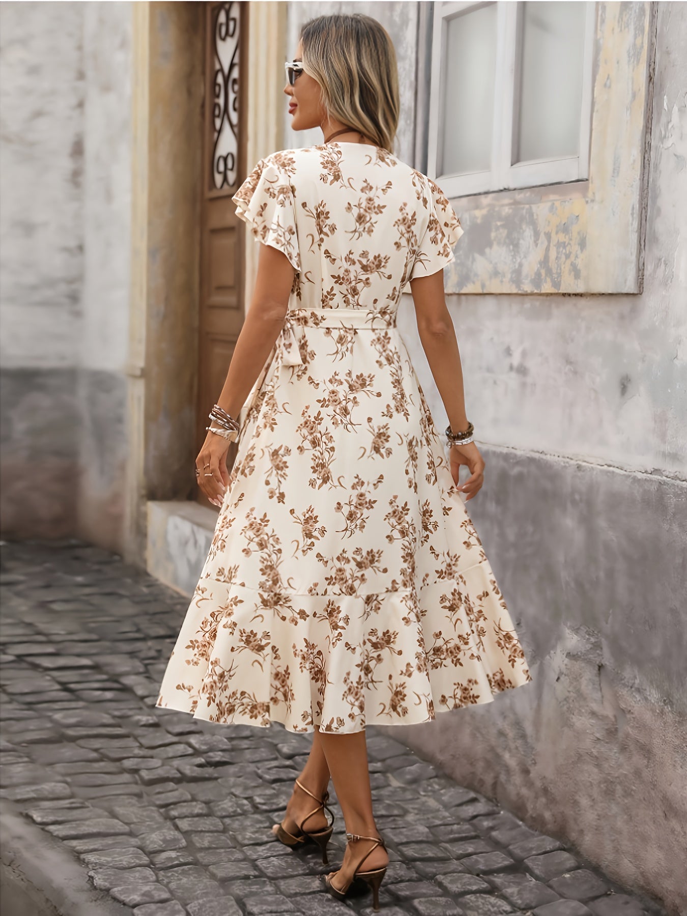 Elegant Apricot Floral Midi Dress for Women with V Neck Flutter Sleeve Wrap Ruffle Hem Style