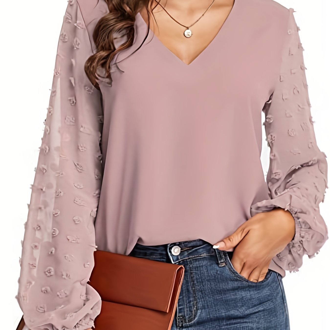 Elegant Swiss Dot Blouse for Women with V Neck Balloon Sleeve Sheer Cuff Relaxed Style