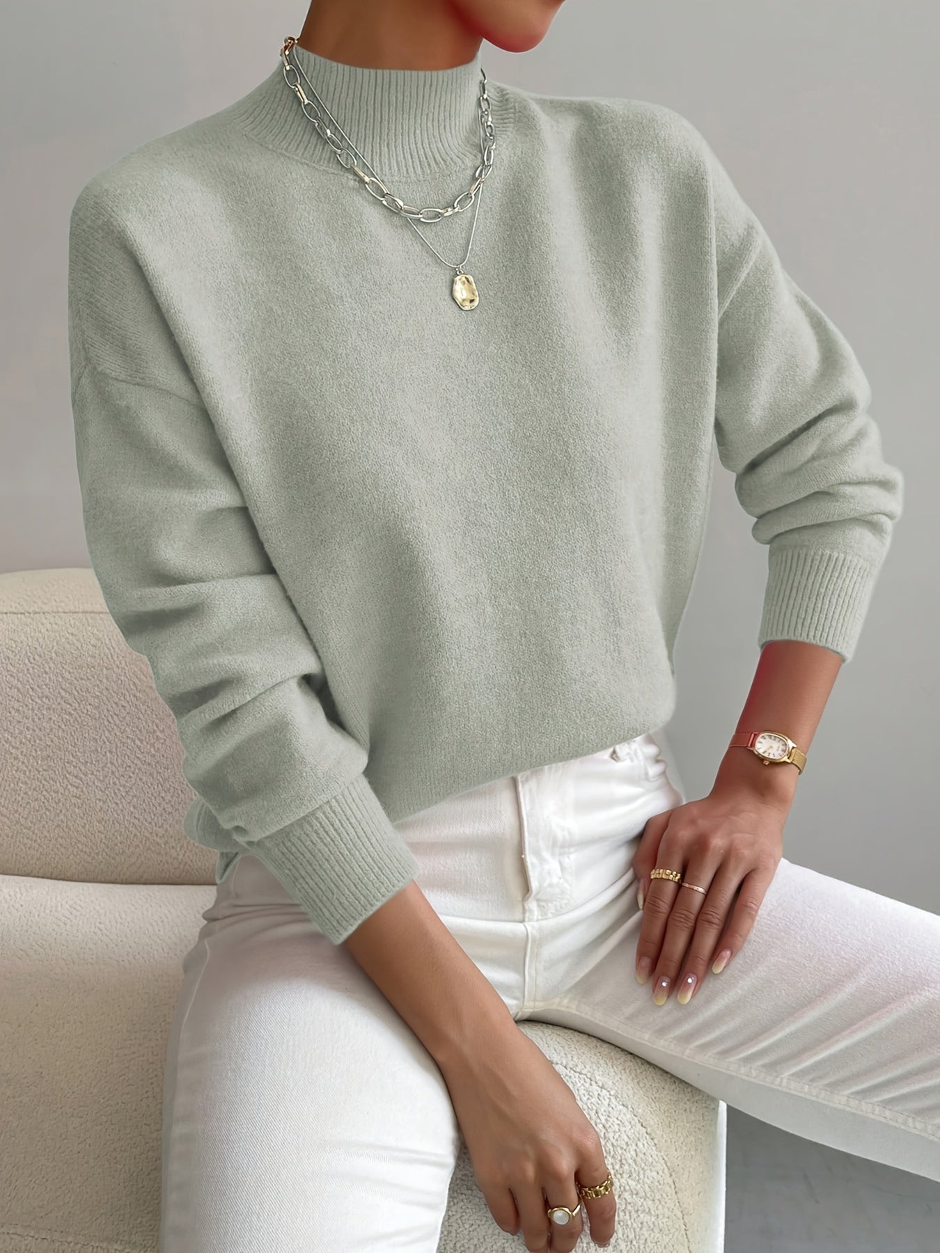 Comfortable Ribbed Sweater for Women with High Neck Long Sleeve Relaxed Oversized Knit Style