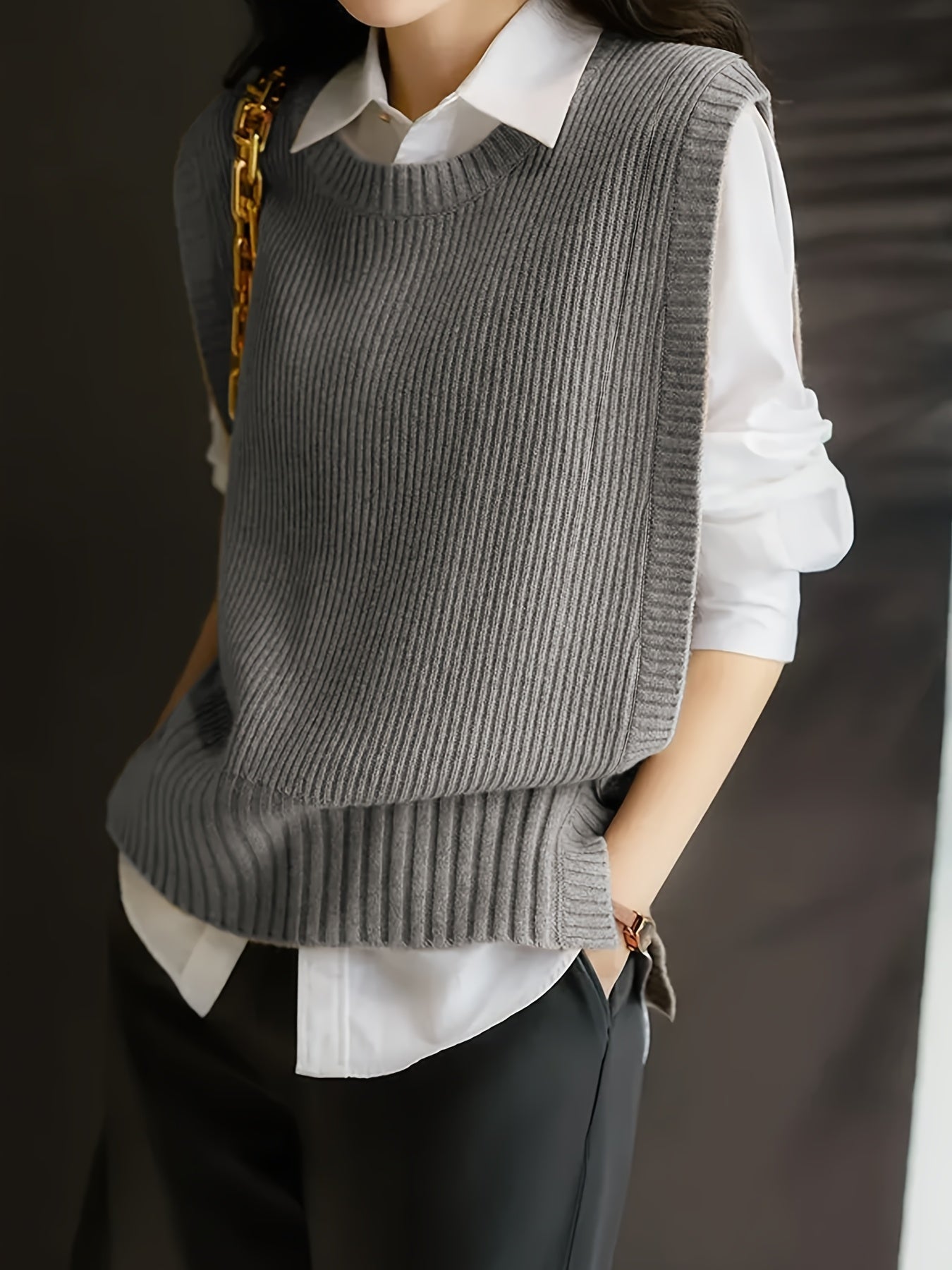 Comfortable Ribbed Knit Sweater Vest for Women with Crew Neck Sleeveless Relaxed Oversized Style