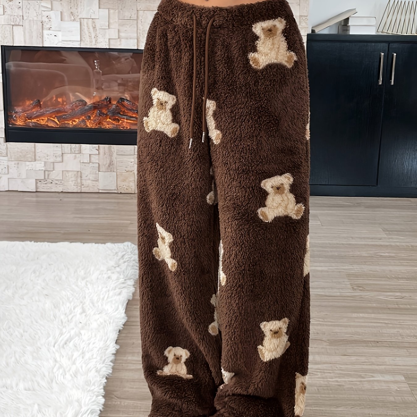 Comfortable Dark Brown Teddy Bear Print PJ Pants for Women with High Waist Drawstring Wide Leg Casual Style