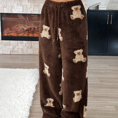 Comfortable Dark Brown Teddy Bear Print PJ Pants for Women with High Waist Drawstring Wide Leg Casual Style