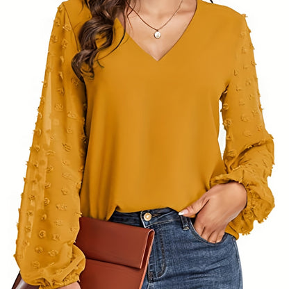 Elegant Swiss Dot Blouse for Women with V Neck Balloon Sleeve Sheer Cuff Relaxed Style